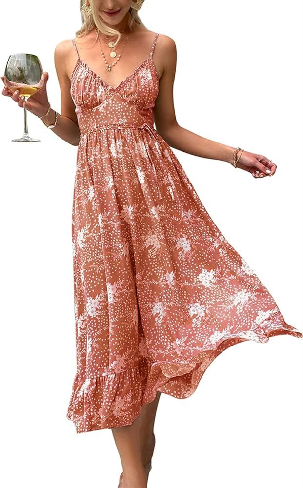 GRACEVINES Women’s Summer Spaghetti Strap V Neck Floral Smocked a Line Swing Midi Dress Sundres... | Amazon (US)