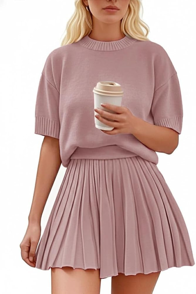 Womens 2 Piece Outfits 2026 Short Sleeve Crewneck Knit Tops And Pleated Mini Skirt Two Piece Sets | Amazon (US)