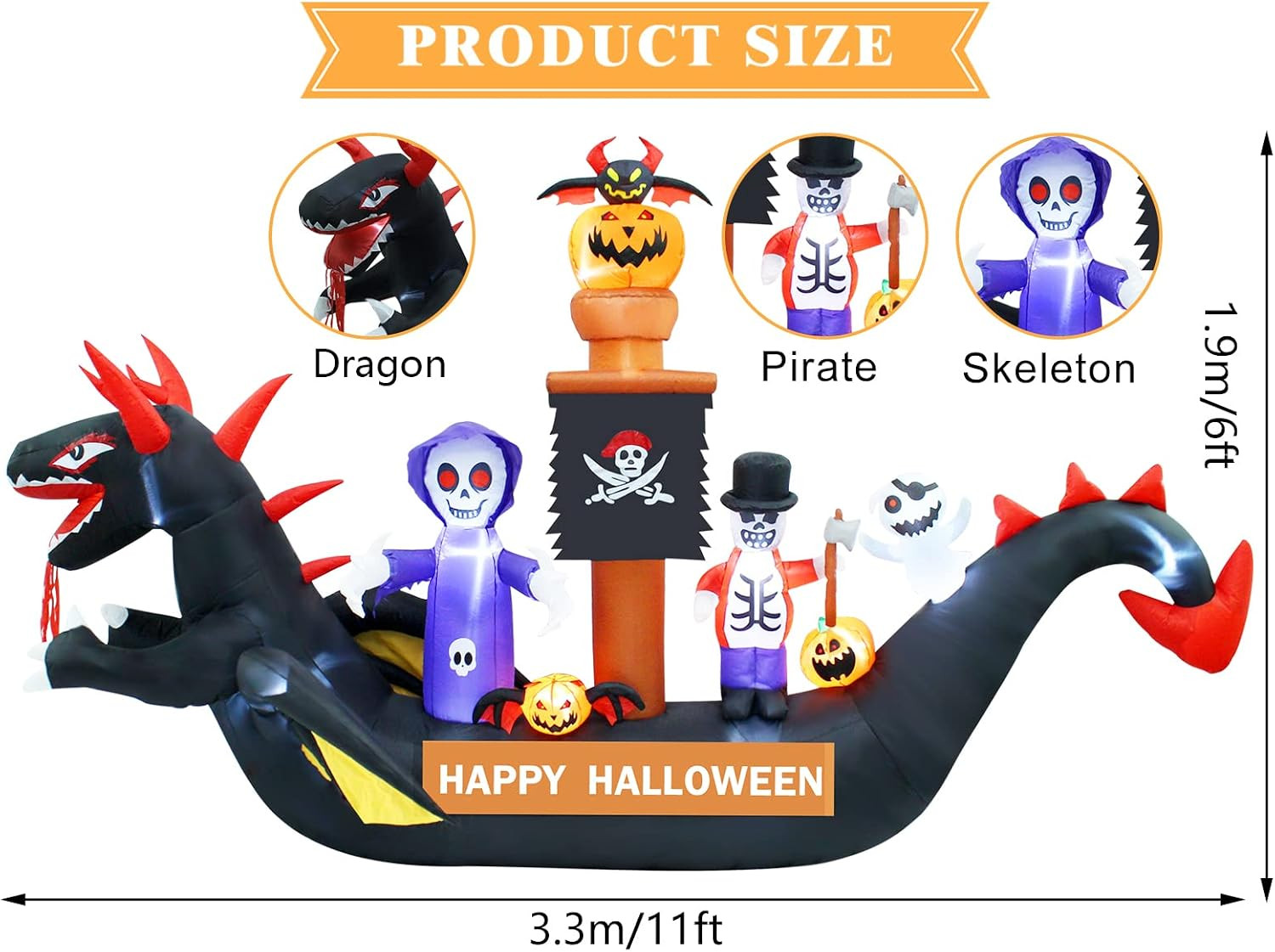 Mukum 11FT Halloween Inflatables Dragon Pirate Ship Skeletons Ghosts Pumpkins 2022 Upgrade Hallow... | Amazon (US)
