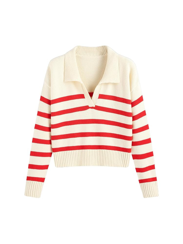 CIDER Women’s Polo Sweater Striped Collared Lightweight Long Sleeve V Neck Pullover Fall Sweate... | Amazon (US)