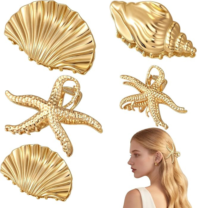 5 Pack Gold Seashell Hair Clip Set, Metal Conch Starfish Shell Claw Clips Summer Beach Hair Clips... | Amazon (US)