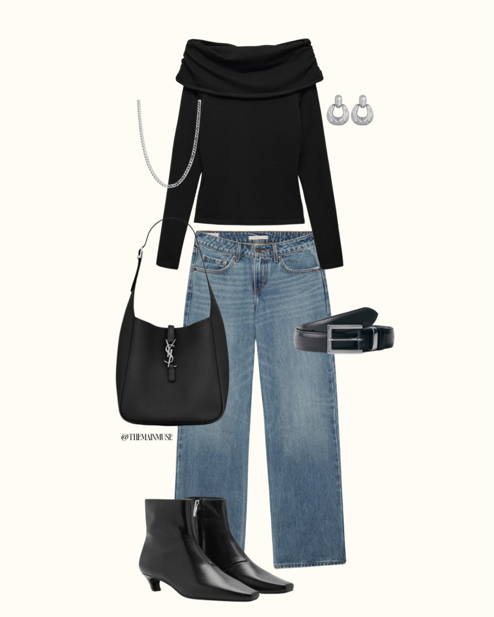 Top:
Off-shoulder black top, draped neck black top, cowl neck black top, long-sleeve off-the-shoulder top, ribbed off-shoulder top, fitted black knit top, slouchy neckline top, chic black statement top, black evening top, soft draped long-sleeve top.

Jeans:
Light-wash high-rise jeans, wide-leg denim, straight-leg vintage jeans, relaxed-fit blue jeans, cropped light-wash jeans, retro-style jeans, baggy straight jeans, loose-fit high-rise denim, casual blue wide-leg jeans, effortless denim pants.

Bag:
Black leather shoulder bag, designer black crossbody bag, structured black handbag, YSL Hobo bag, minimalist black bag, luxury leather purse, small black tote, elegant black shoulder bag, polished leather designer bag, everyday black leather bag.

Shoes:
Black pointed-toe boots, ankle-length leather boots, kitten-heel boots, sleek black booties, everyday black boots, luxury ankle boots, minimalist pointed boots, chic black leather booties, low-heel zip boots, structured ankle booties.

Accessories:
Silver chunky hoop earrings, minimalist silver earrings, silver chain necklace, dainty layered necklace, black leather belt with square buckle, silver accent belt, sleek waist belt, everyday hoop earrings, simple chain accessory, polished silver jewelry.

#LTKstyletip #LTKfindsunder50 #LTKfindsunder100
