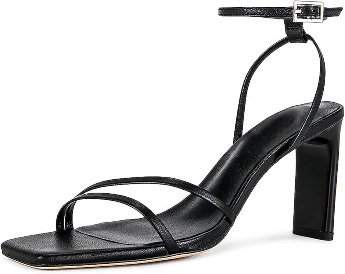 Strappy Heels for Women, Square Open Toe Heeled Sandals with Chunky Heel Ankle Strap Heels | Amazon (US)