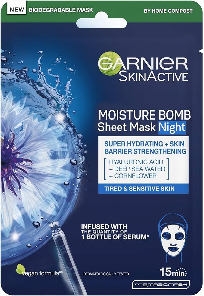 Garnier Moisture Bomb Night Time Deep Sea Water And Hyaluronic Acid Sheet Mask, Hydrating And Rep... | Amazon (UK)