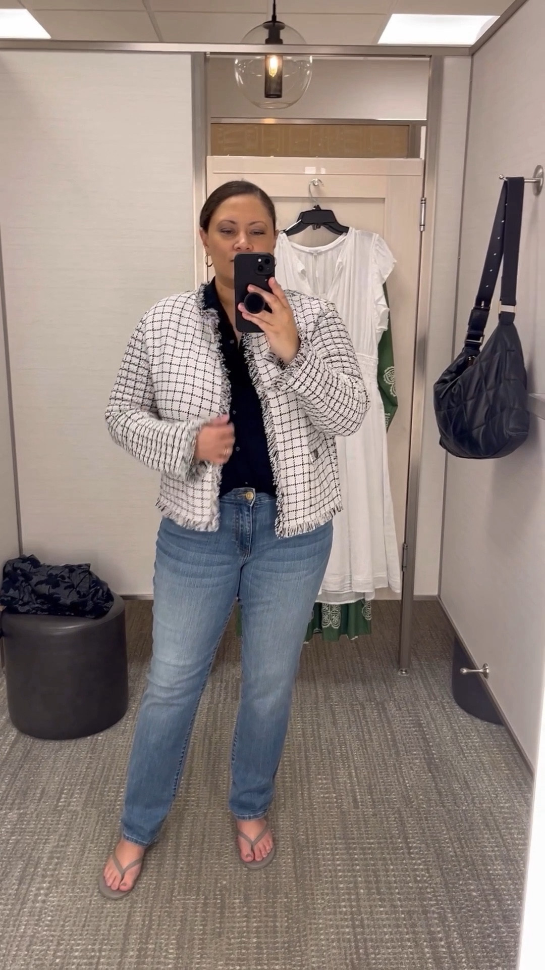 In store Nordstrom try on. A few things worked, a few things did not.   The green dress is gorgeous but runs way too big (I tried on the XL). I would need a medium but then the chest wouldn’t fit. The white dress was lovely but I felt super thick and while I might be super thick IRL, I don’t necessarily want feel it, ya know. The blue top was too big in an XL but I didn’t feel like trying a large. The shorts were great but I would probably size up to an XL, and the Chanel inspired jacket and jeans combo was an absolute winner!

#LTKOver40 #LTKMidsize #LTKSeasonal