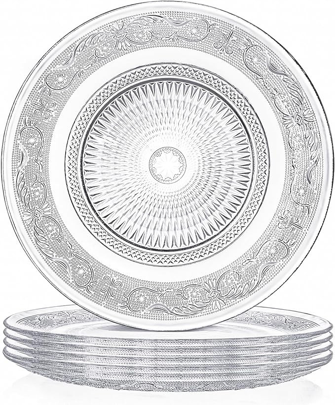 Elsjoy Set of 6 Glass Dinner Plate, 10 Inch Large Serving Plate Round Clear Glass Plate, Vintage ... | Amazon (US)