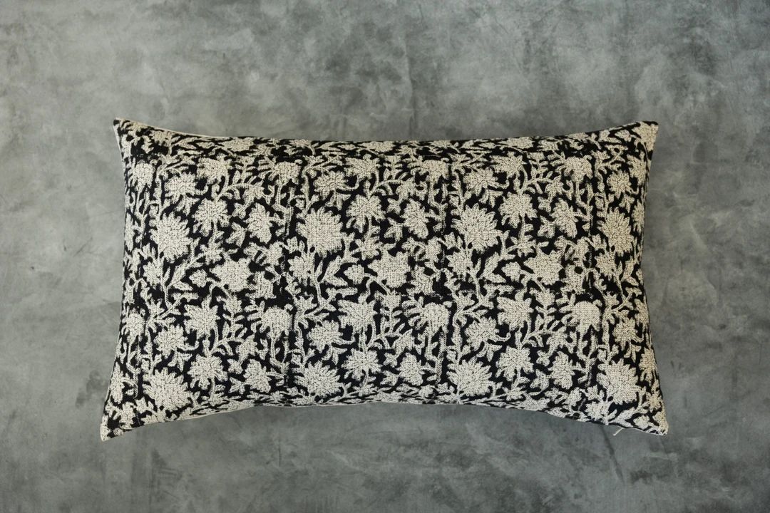 Black Floral Pillow Black Block Print Pillow Dark Pillow - Etsy | Etsy (US)