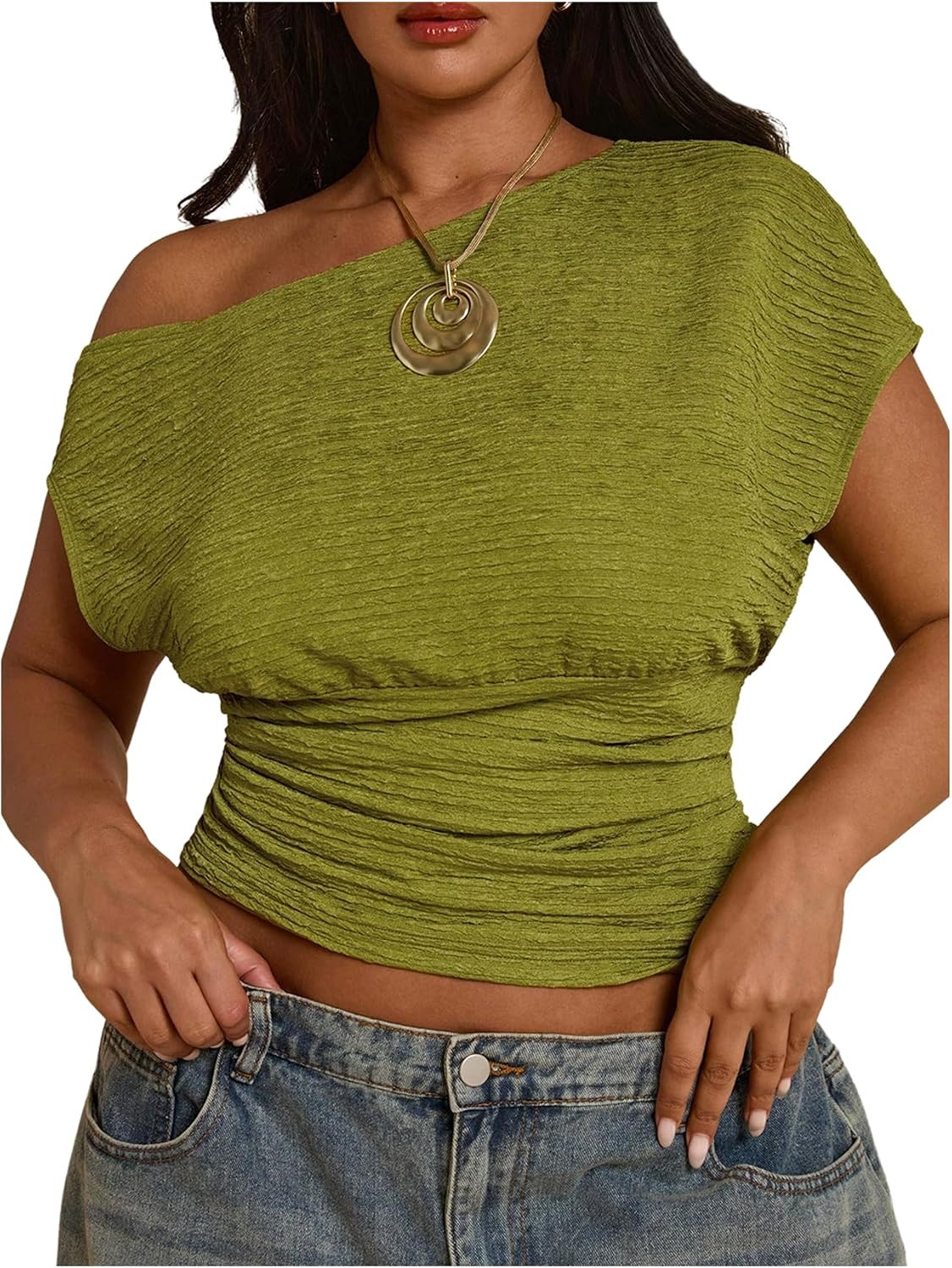 OYOANGLE Women's Plus Size Cinched Waist Top Textured Off the Shoulder Tops | Amazon (US)