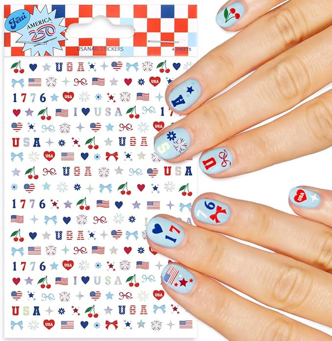 xo, Fetti America 250 Nail Stickers - 4 Sheet Pack | USA Nails, Patriotic, 4th of July, Red White... | Amazon (US)