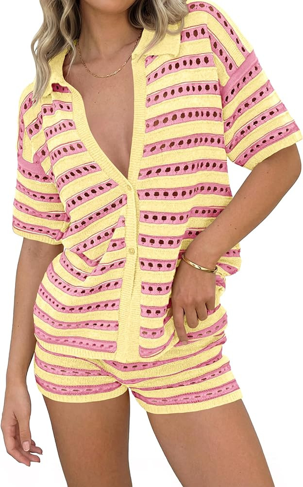Saodimallsu Womens Crochet Swimsuit Coverup Summer 2 Piece Outfits Striped Knit Short Sleeve Butt... | Amazon (US)
