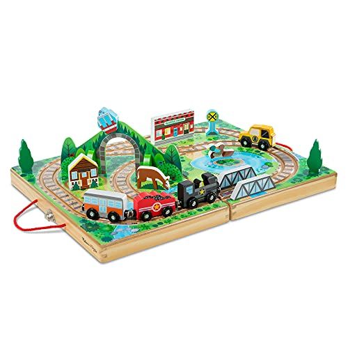 Melissa & Doug 17-Piece Wooden Take-Along Tabletop Railroad, 3 Trains, Truck, Play Pieces, Bridge... | Amazon (US)