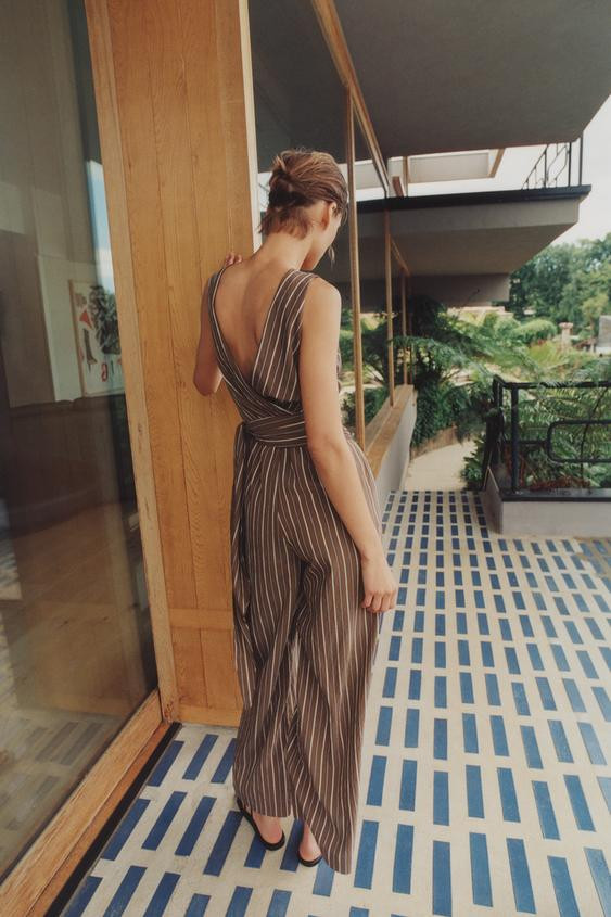 Zara - Striped Belted Jumpsuit - Brown-Blue - M - Woman | Zara US