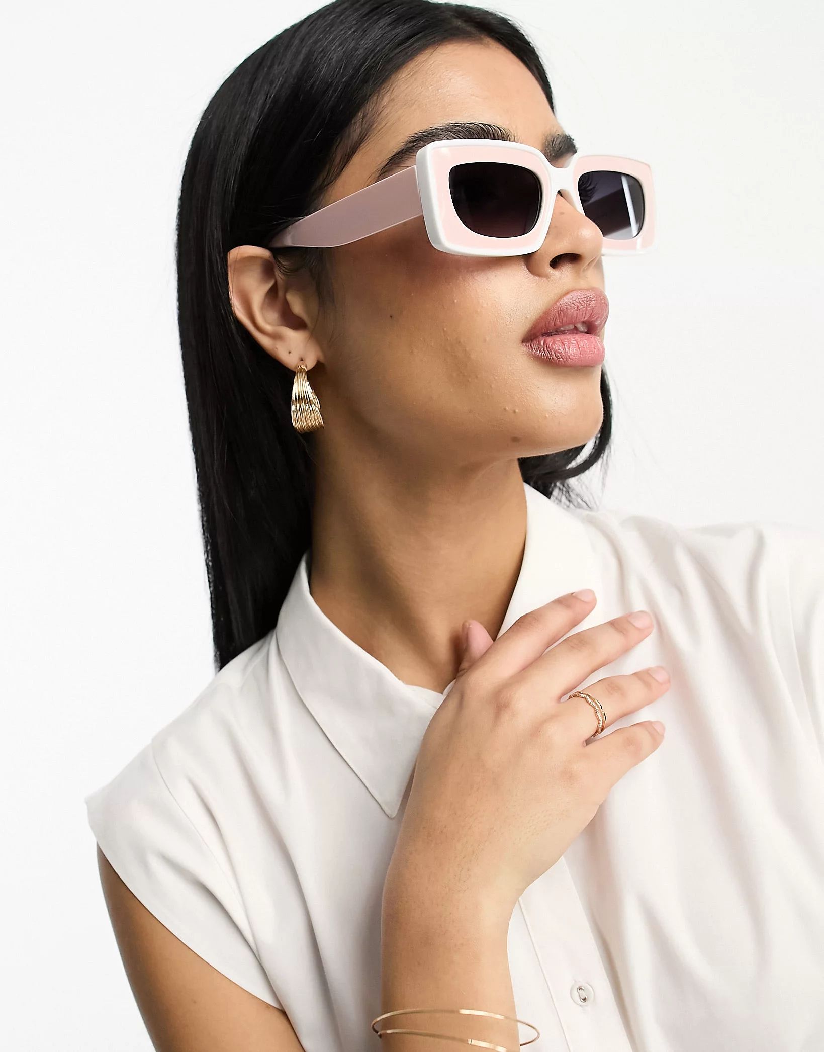 ASOS DESIGN mid square sunglasses with tramline detail in pink | ASOS (Global)