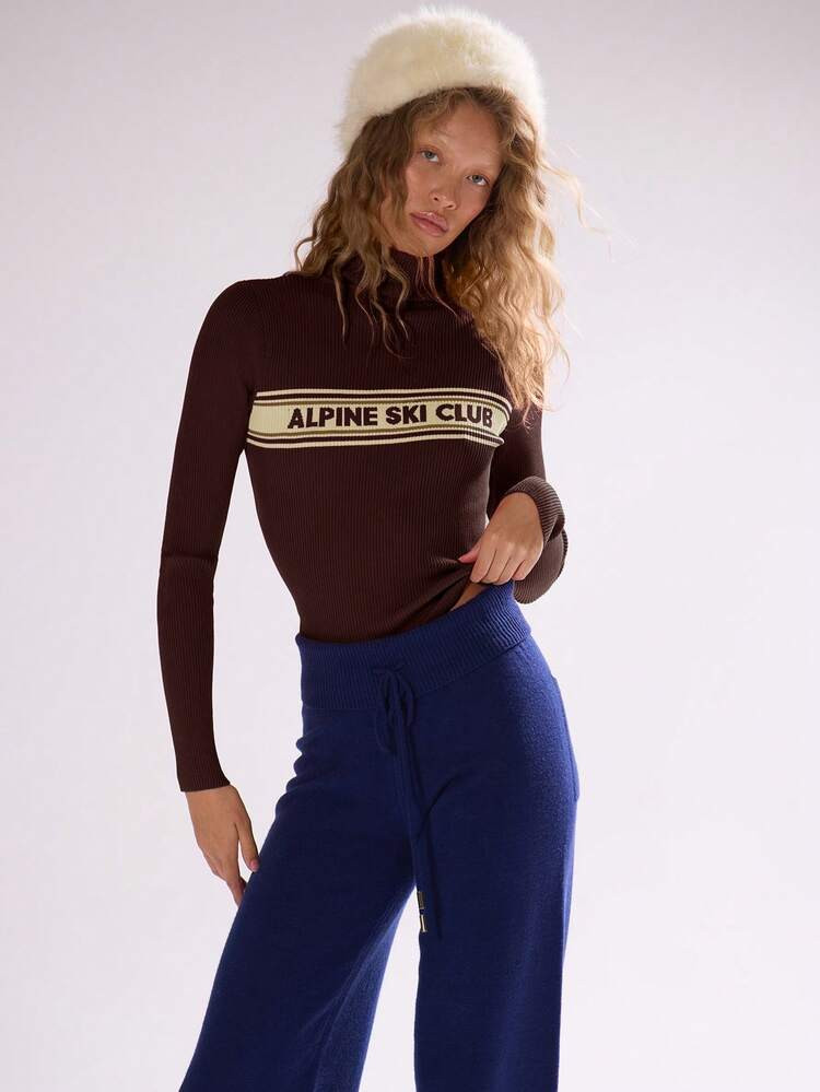 MUSERA High Neck ' Ski Club' Knitted Stripe Fitted Jumper Autumn Fall Winter Ski Vacation Christmas Lounge Holidays New Year Thanksgiving | SHEIN