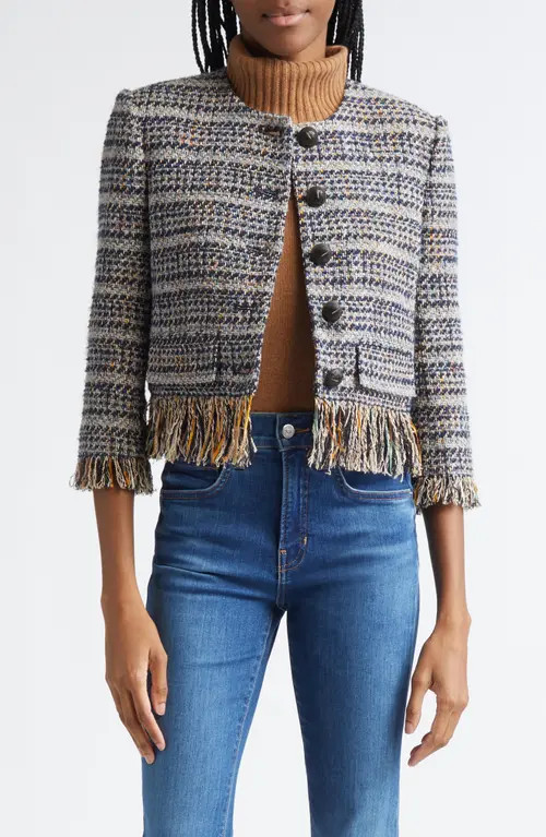 Veronica Beard Lyons Tweed Fringe Jacket in Navy Multi at Nordstrom, Size 16 | Nordstrom