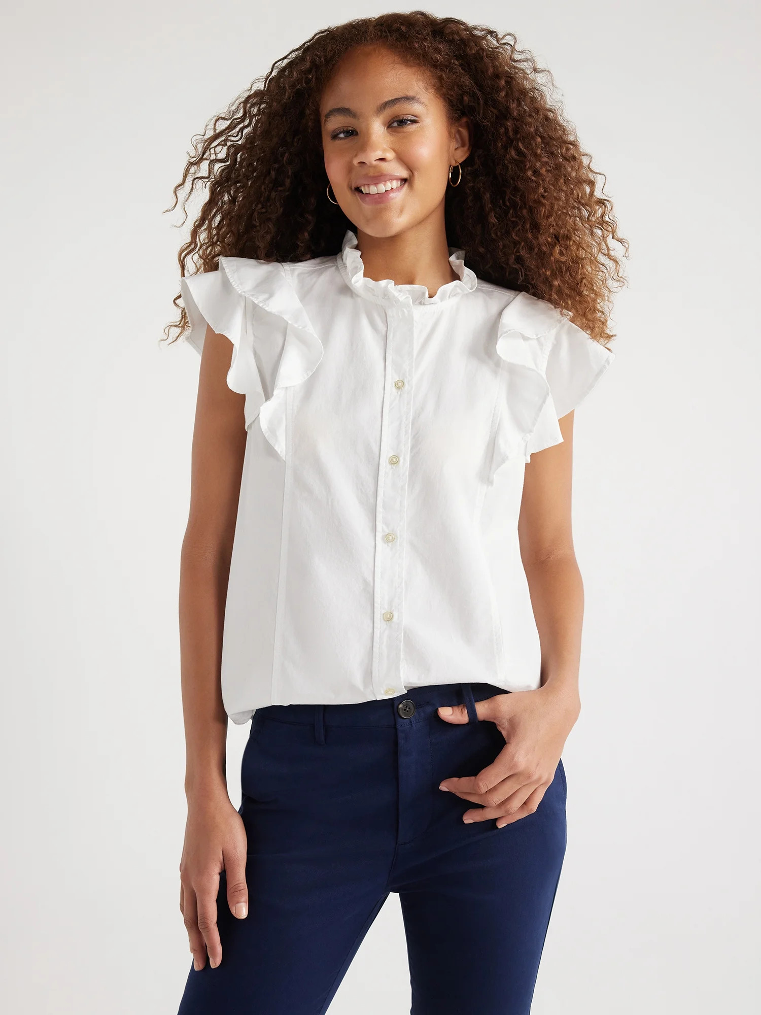 Free Assembly Women’s Cotton Ruffle Shirt with Short Sleeves, Sizes XS-XXL | Walmart (US)