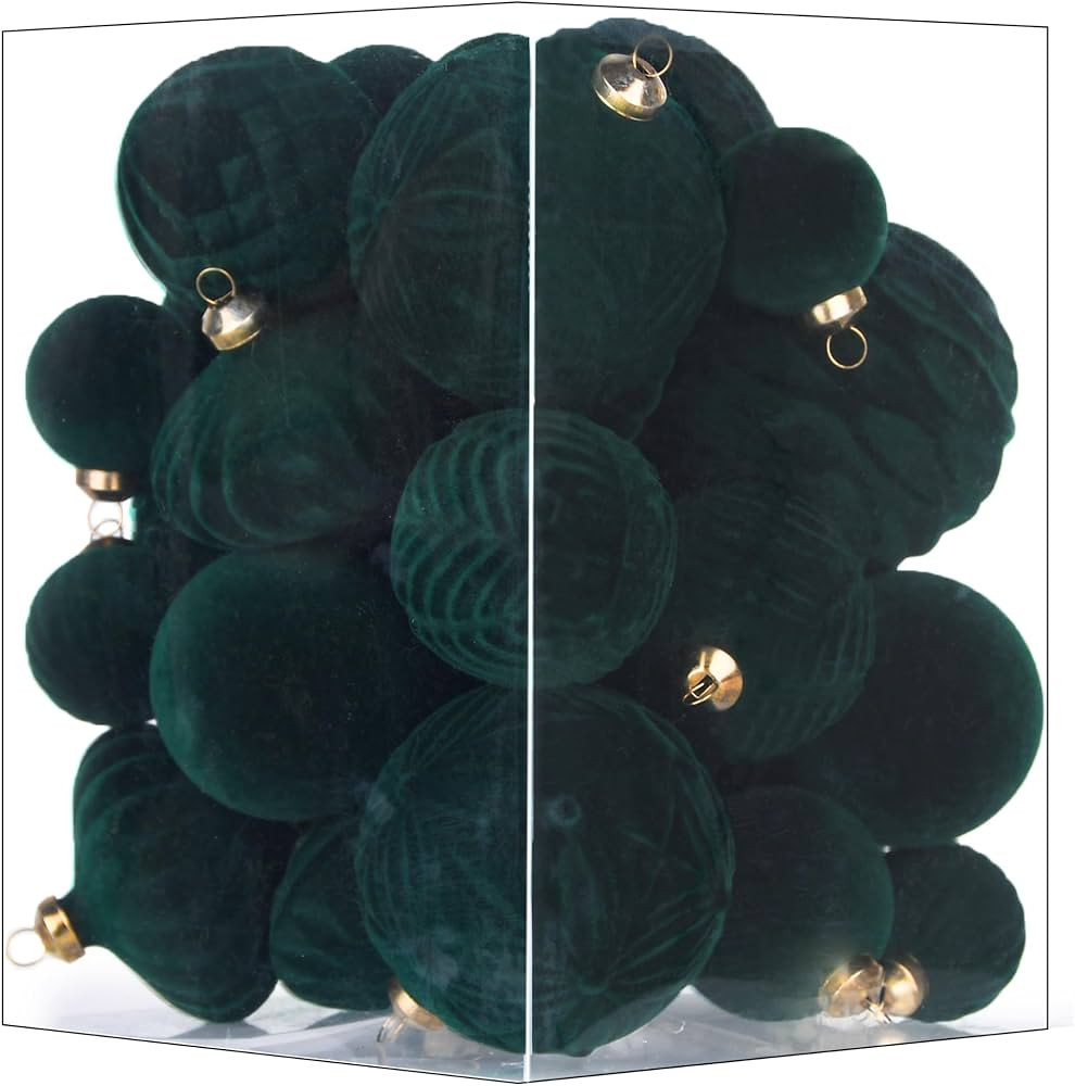 Flocked Ornaments for Christmas Tree Decorations - 35pcs Dark Green Velvet Ball Ornament for Wint... | Amazon (US)