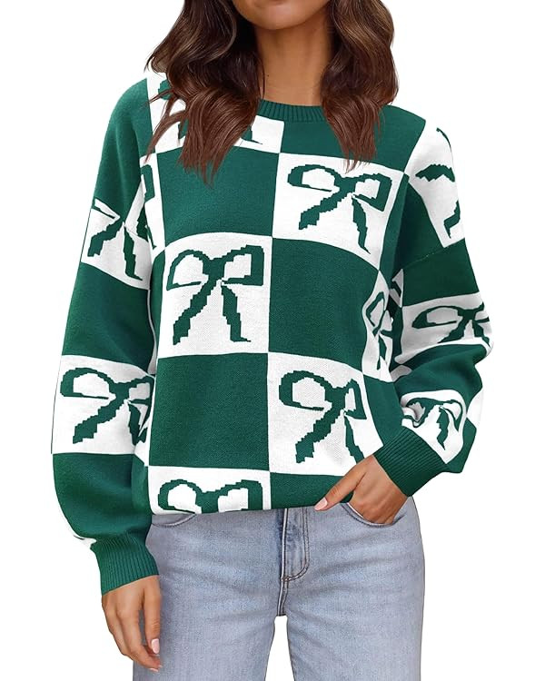 Saodimallsu Womens Color Block Bow Sweater Oversized Crewneck Long Sleeve Knit Warm Pullover Tops | Amazon (US)