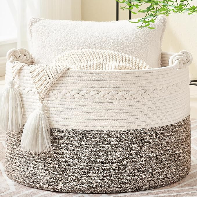 KAKAMAY Large Blanket Basket (20"x13"),Woven Baskets for storage Baby Laundry Hamper, Cotton Rope... | Amazon (US)