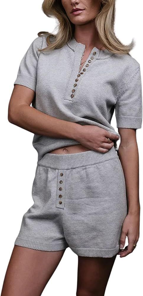 Himosyber Women Sweater Set 2 Piece Short Sleeve Lounge Knit Sweater Top and Shorts Set Sweatsuit... | Amazon (US)