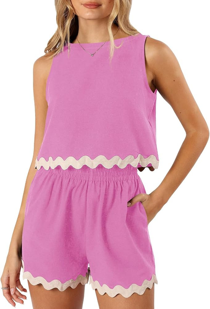 Tankaneo Womens 2 Piece Vacation Outfits Lounge Sets Casual Cropped Tank Tops Shorts Matching Set | Amazon (US)