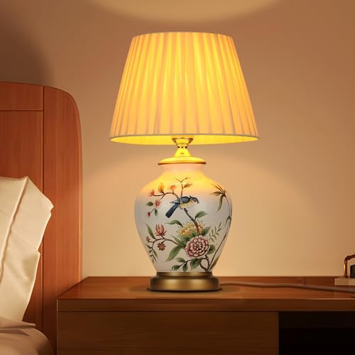 HvKvHvY Table Lamp Retro Ceramic, Living Room Bedside Lamp Vintage Bedroom Warm Fabric Reading Book Light Desk Lamp Modern Style E27 Night Lamp | Amazon (UK)