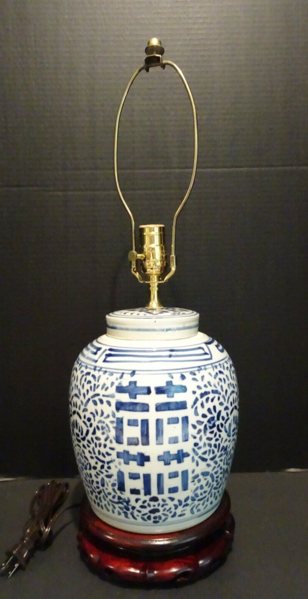 VINTAGE ASIAN CHINESE DOUBLE HAPPINESS GINGER JAR BLUE & WHITE TABLE LAMP READ | eBay US