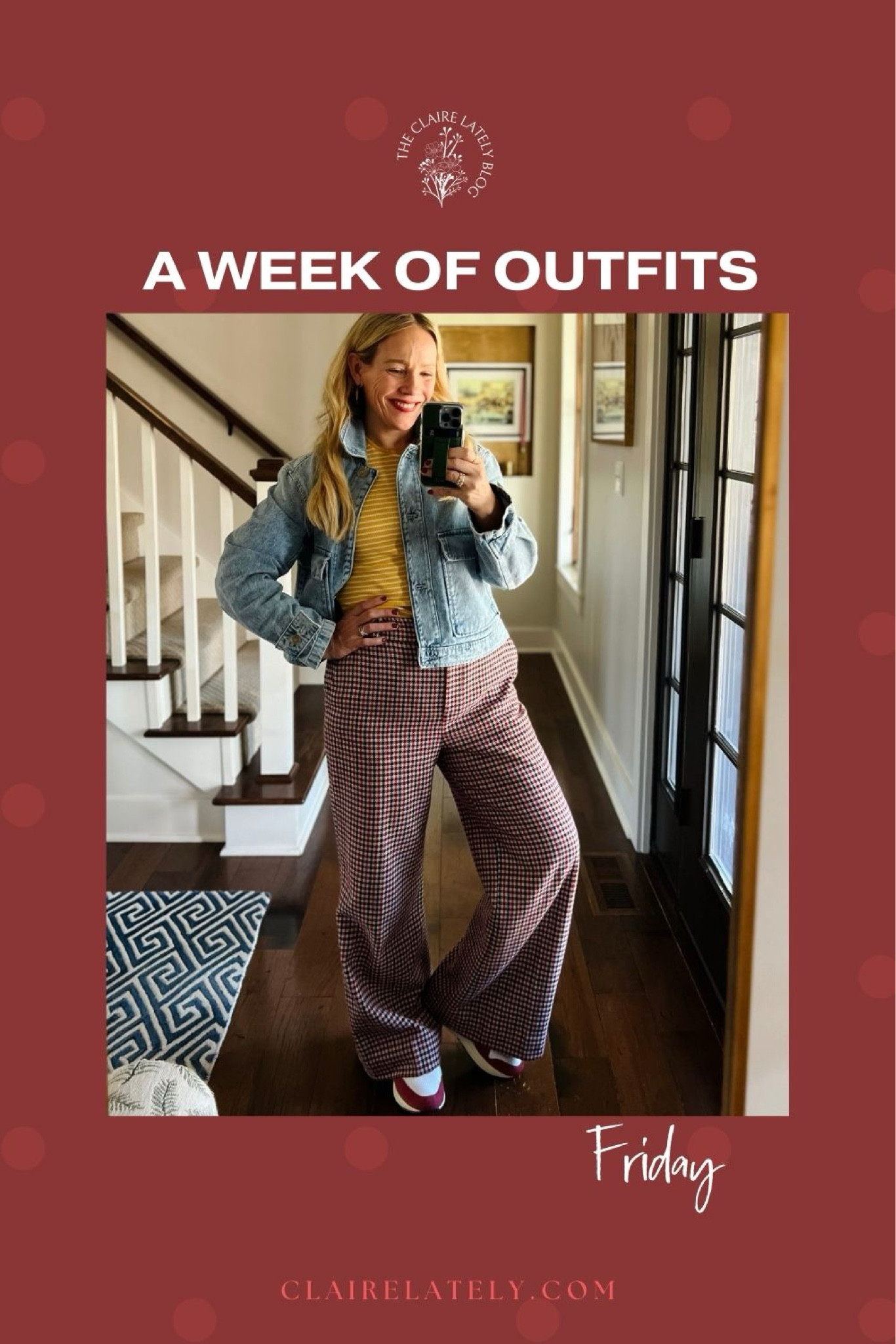 A week of everyday elevated casual outfit ideas - Nike air max pink sneakers, plaid pants, stripe tank, favorite denim jacket, hoop earrings
❤️ Claire Lately 

#LTKworkwear #LTKSeasonal #LTKstyletip