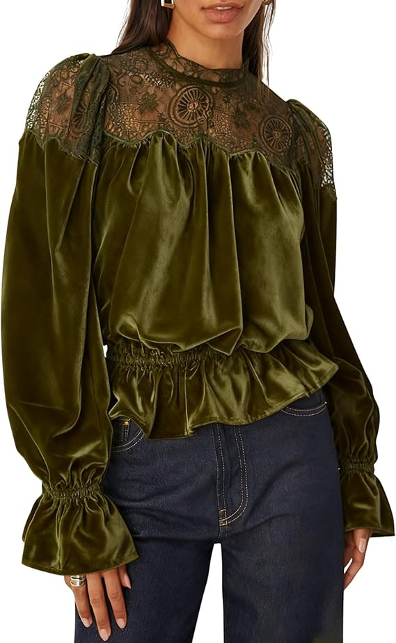 Lentta Womens Velvet Lace Peplum Babydoll Tops Casual Mock Neck Blouse Waist Cinched Ruffle Edge Shirts | Amazon (US)