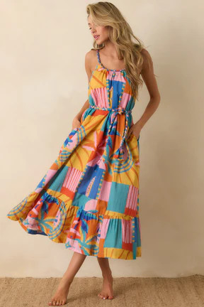 Paradisa Isabella Multi Tropical Mosaic Cotton Midi Dress | Red Dress