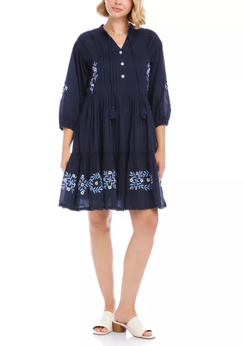 Women's Blouson Sleeve Embroidered Lace Trim Tiered Dress | Belk