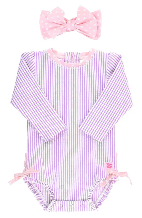RuffleButts Lilac Seersucker One-Piece Swimsuit & Headband Set in Purple at Nordstrom, Size 12-18M | Nordstrom