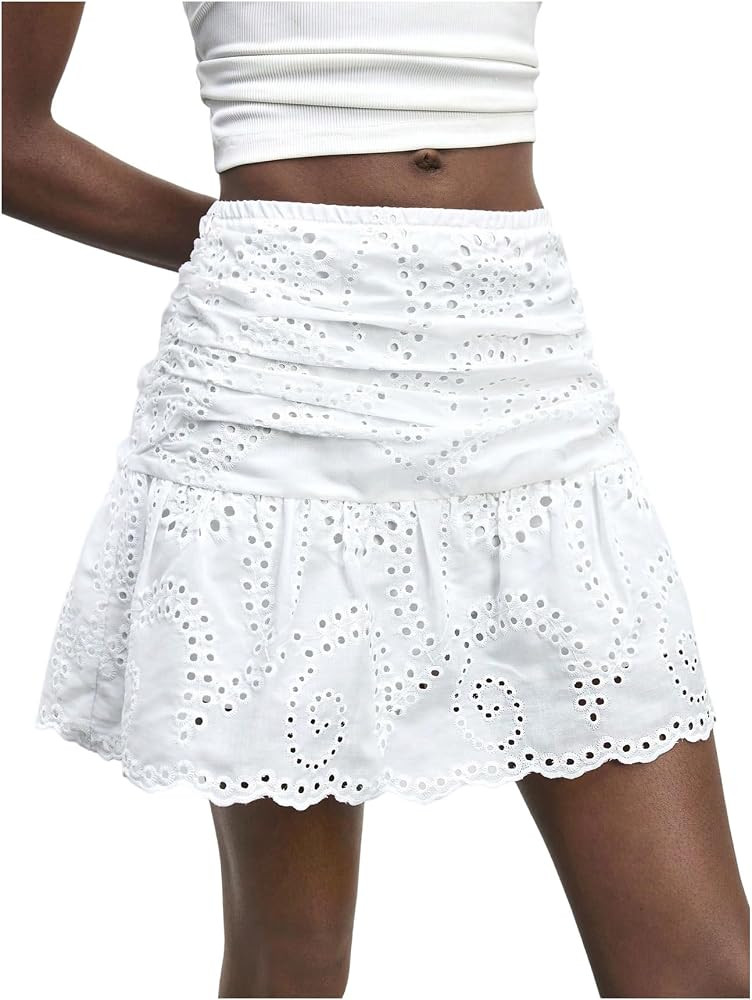 Floerns Women's Eyelet Embroidery Mini Skirt Ruched Low Rise A Line Skirts | Amazon (US)