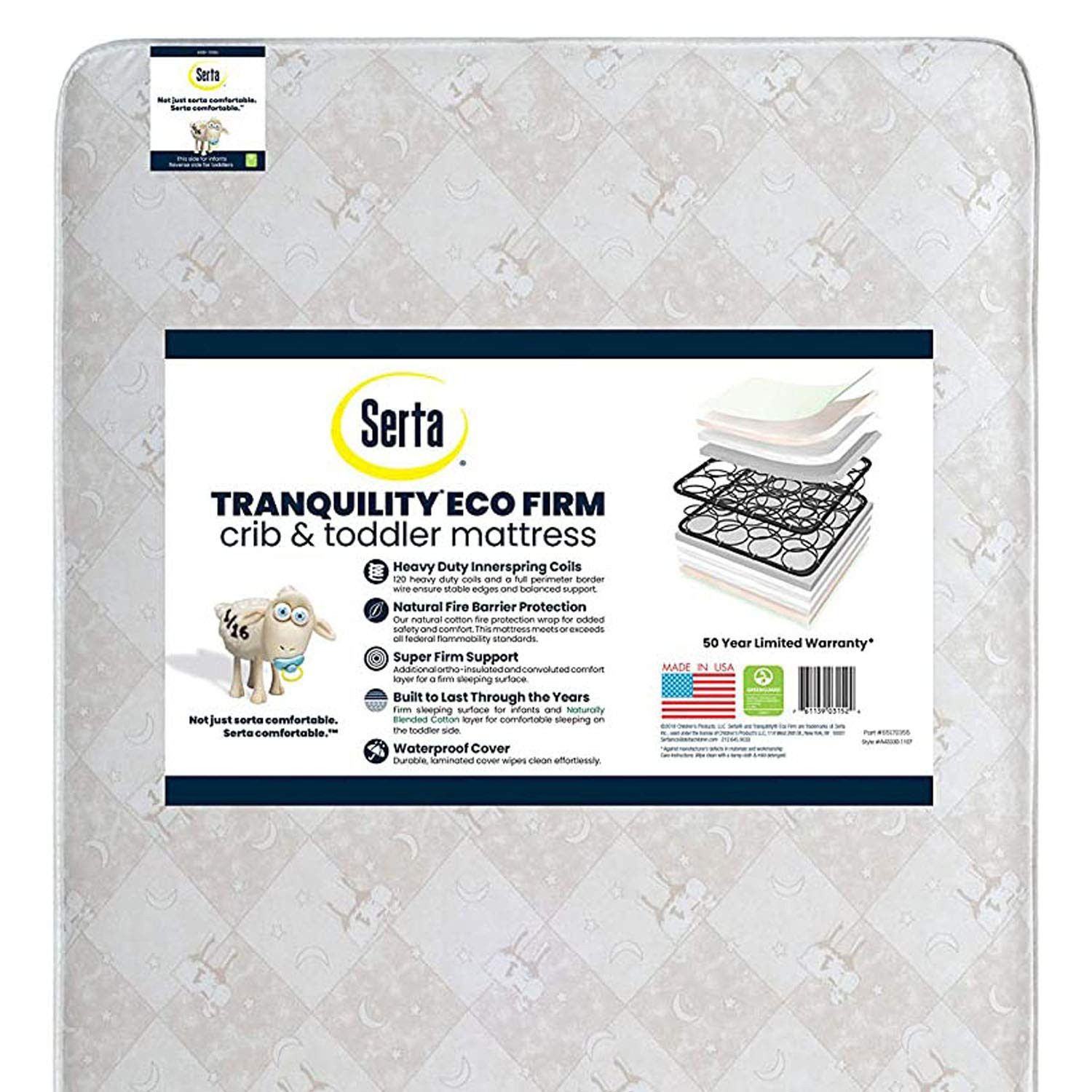 Serta Tranquility Eco Firm 2-Stage Premium Innerspring Crib and Toddler Mattress -Waterproof - GR... | Amazon (US)