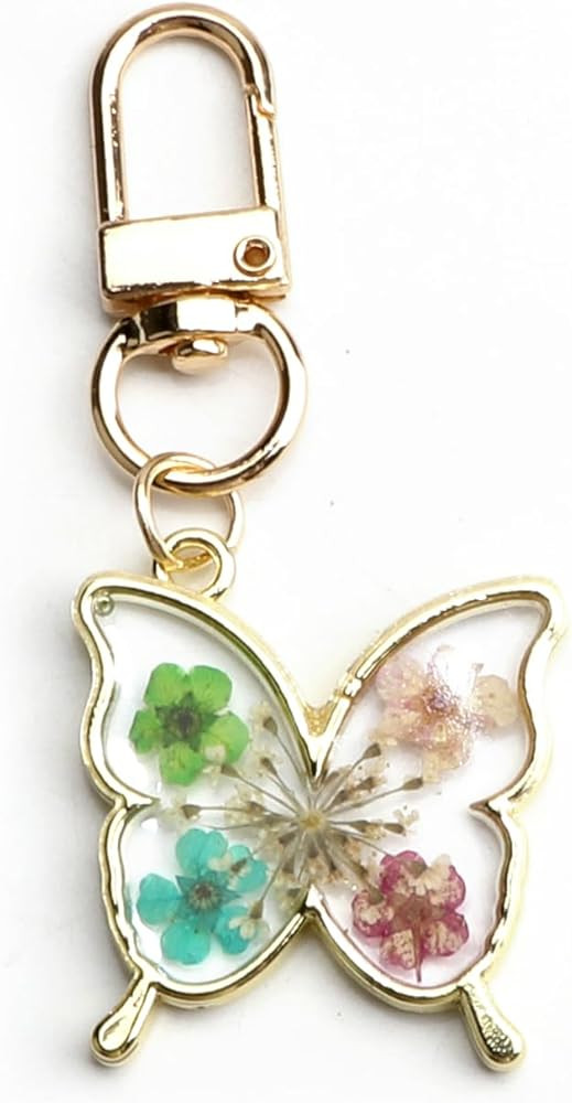 Handmade Pressed Flower Keychain,Butterfly Design Dried Flowers Resin Keychain Gift for Women | Amazon (US)