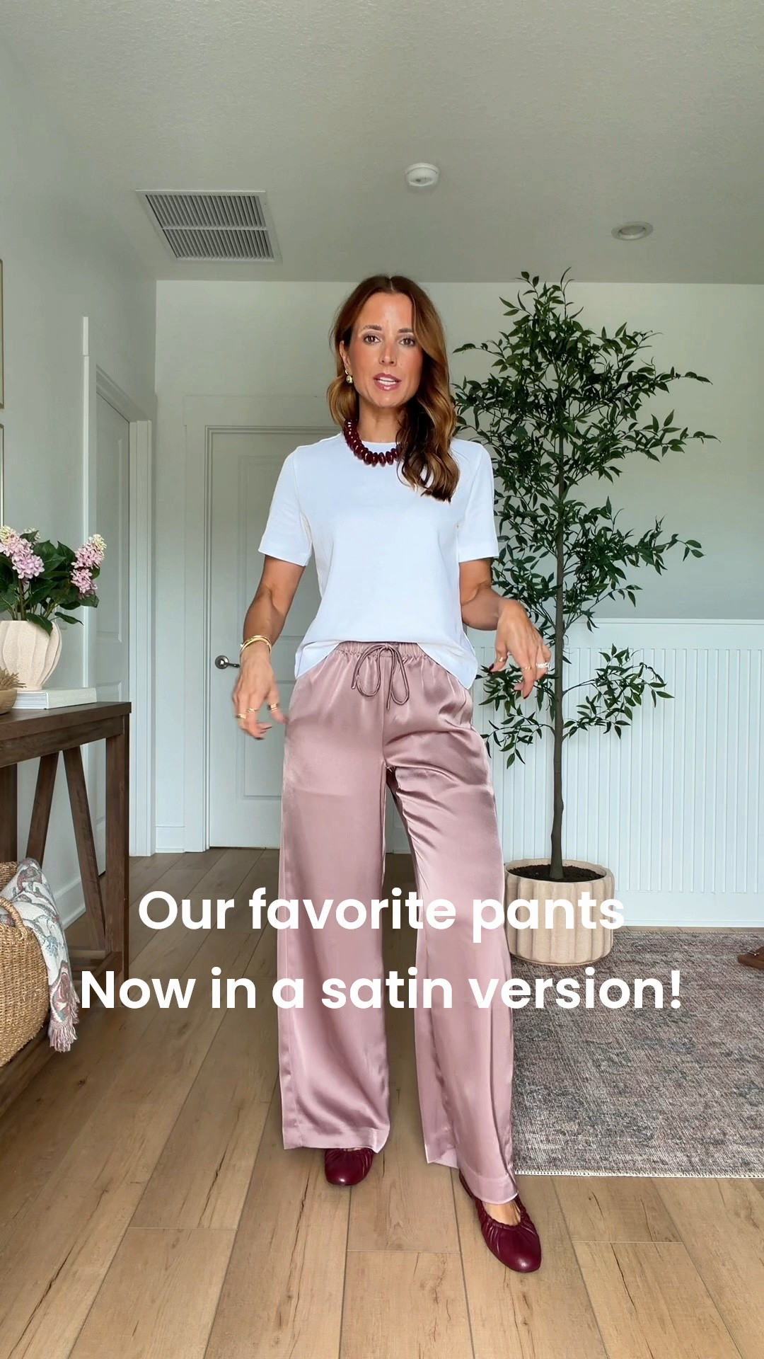 Expensive stuff that’s unfortunately 1000% worth it! Aritzia lodge pants in satin, size XS short. Color is ‘mauve’. Aritzia InterLock Cotton Function T-Shirt in size 2XS. Burgundy ballet flats are TTS. Beaded necklace. Elevated casual outfit. Fall outfit. Fall style. Mom outfit. Casual outfit. Everyday outfit.

#LTKPetite #LTKootd #LTKTravel