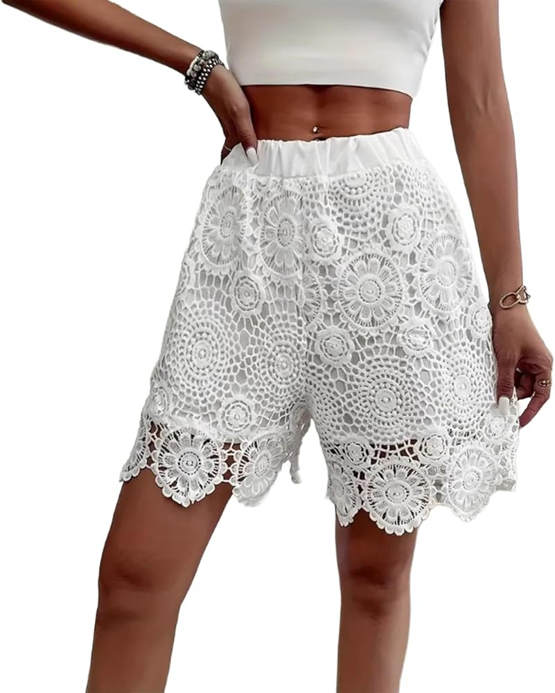 Satin Lace Shorts Elastic Waisted Flower Silk Shorts Women with Lace Trim Floral Pettipants Slips... | Amazon (US)