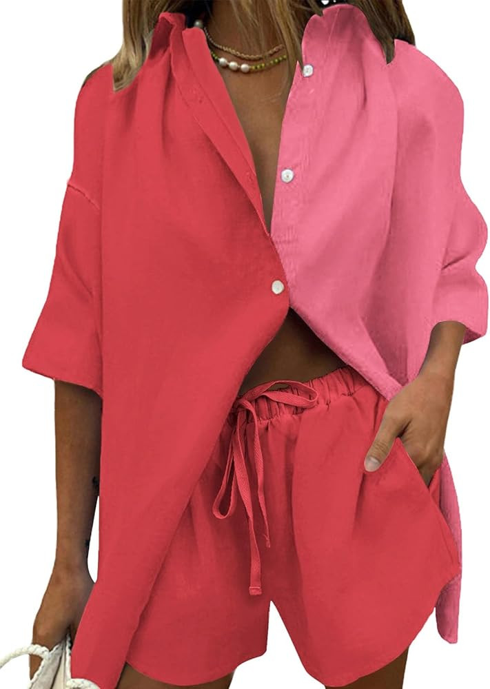 Fixmatti Women 2 Piece Outfits Long Sleeve Button Down Blouse and Shorts Sweatsuit Sets | Amazon (US)