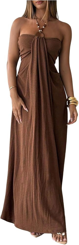 BEAUDRM Women's Y2k Beaded Halter Maxi Dress Sleeveless Tie Backless A Line Summer Vacation Sundr... | Amazon (US)