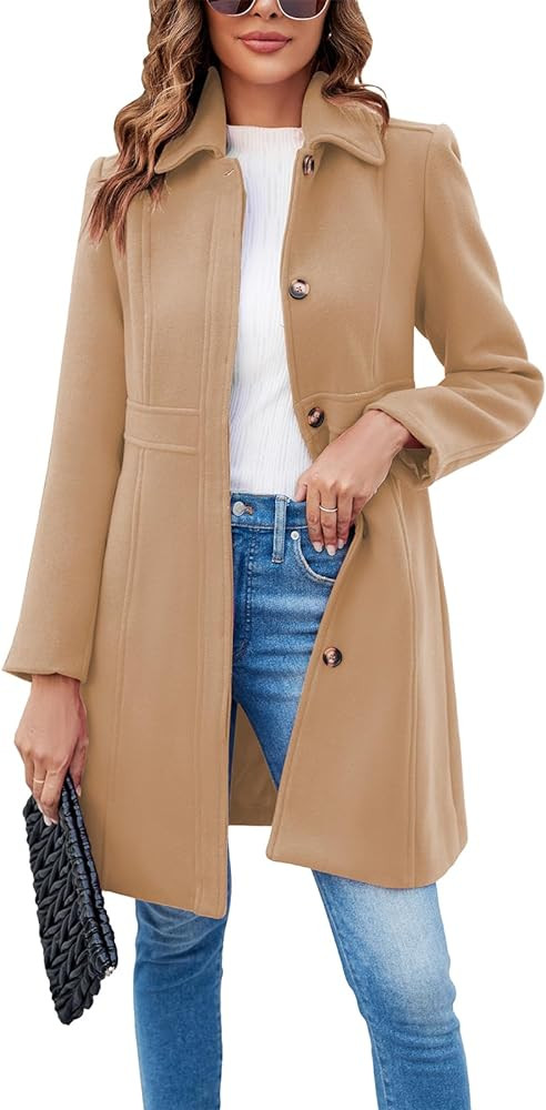 Fisoew Women's Elegant Single Breasted Coat Long Sleeve Mid Winter Overcoat Work Office Pea Coats | Amazon (US)