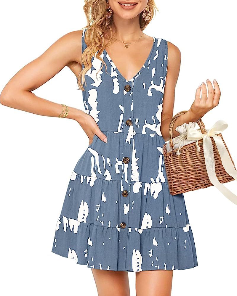 PLMOKEN Women's Summer Sleeveless V Neck Button Down Casual Swing Tunic Dress with Pocket | Amazon (US)