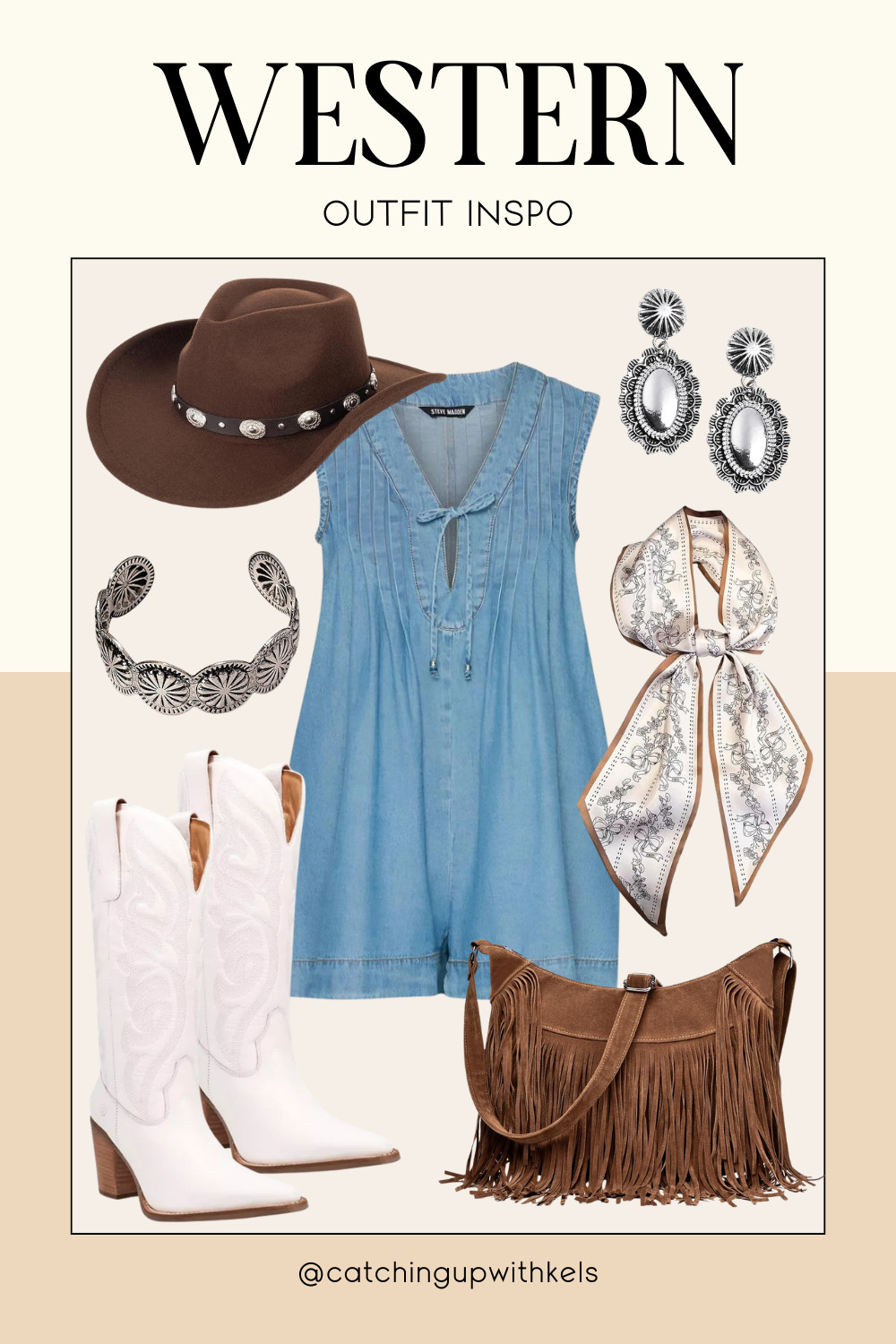 Denim + fringe + a little western glam! This look is giving rodeo ready with a feminine twist. The romper paired with classic white boots, statement silver, and that fringe bag is the perfect mix of bold and effortless!  

 #LTKgrwm #LTKootd #LTKSeasonal
