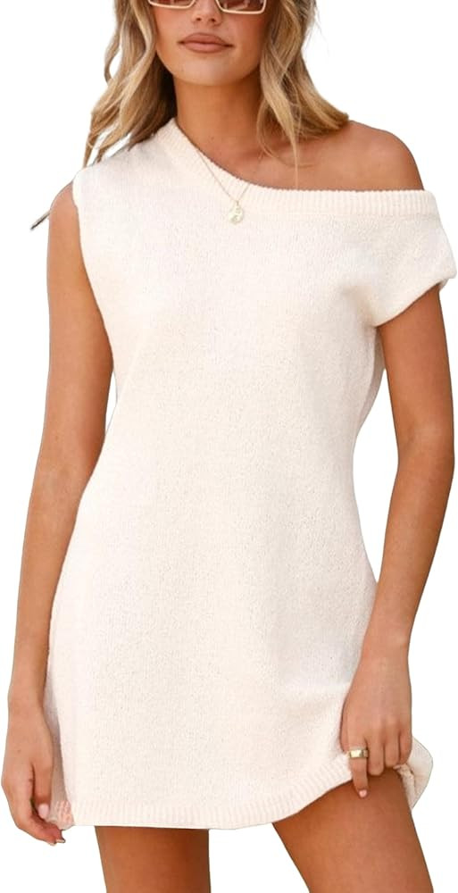 Qiaomai Womens Off Shoulder Knit Mini Dress Casual Crewneck Cap Sleeve Beach Cover Up Dresses | Amazon (US)