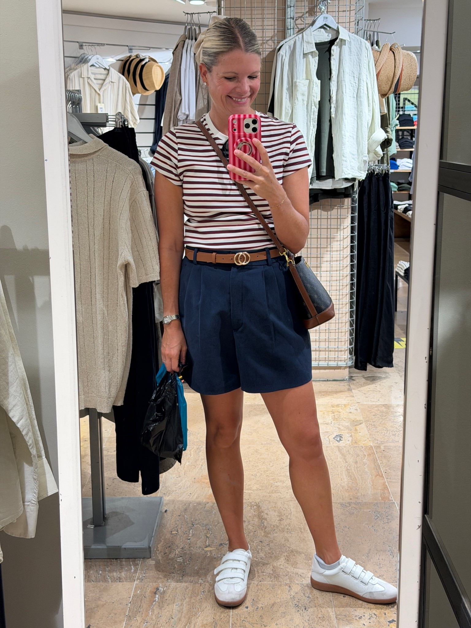Navy blue tailored shorts TTS
Stripped cotton baby T TTS

#LTKTravel #LTKOver40