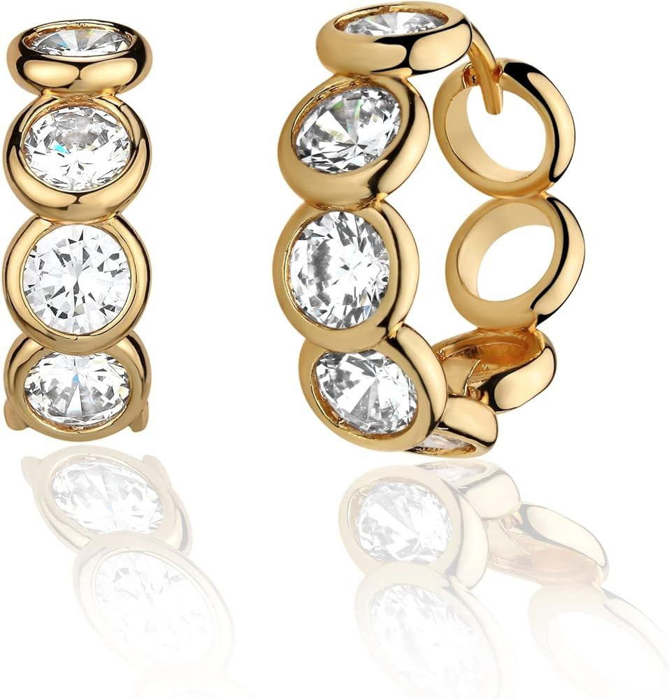 MTMY Huggie Hoop Earrings 14K Gold Plated Cubic Zirconia Dainty Simple Cute Beads Elegant CZ Circ... | Amazon (US)