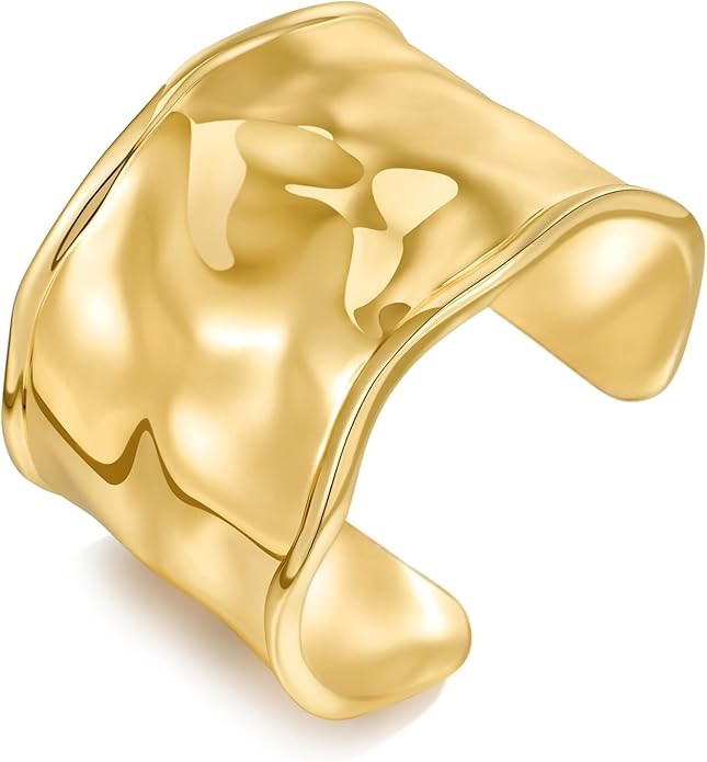 Hammered Gold Cuff Bracelets for Women Irregular Adjustable Open Bangles Chunky Statement Wide Go... | Amazon (US)