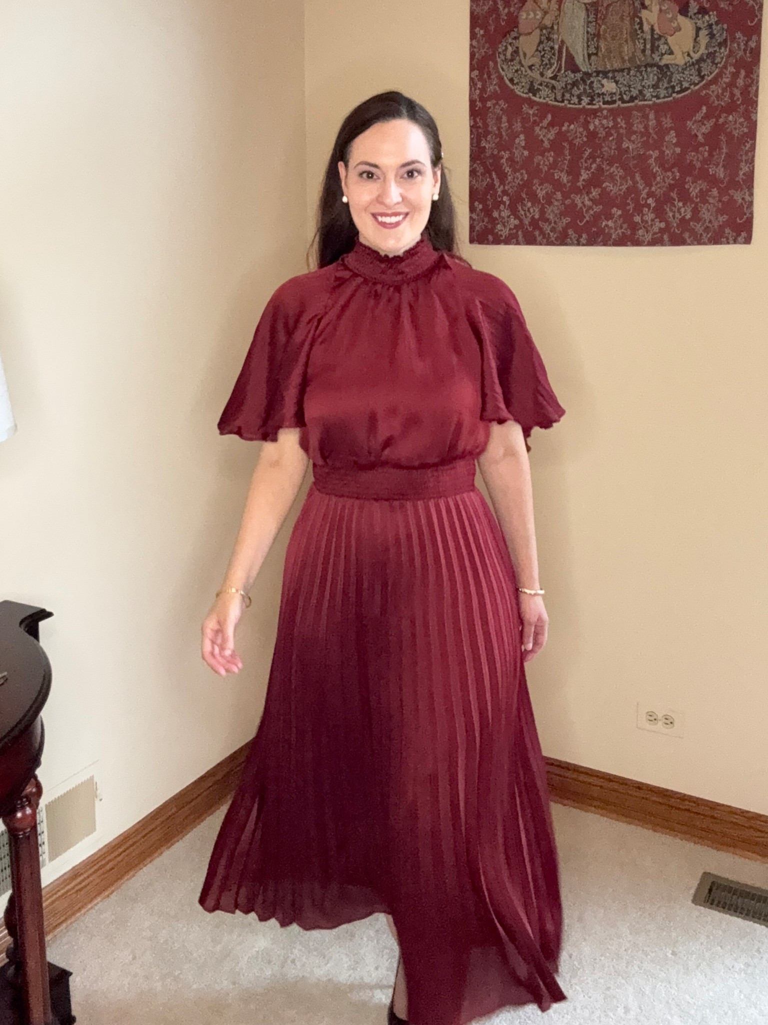 The color of this dress is just beautiful and the style is so cute. The dress is perfect to wear for Fall and even going into the Holiday season. It’s on sale at the Nordstrom Anniversary Sale. It runs true to size  