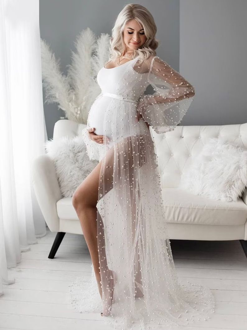 Pearl Tulle Transparent Robe • Maternity Photoshoot Robe • Photo Shoot Robe Dress • Long Tr... | Etsy (US)