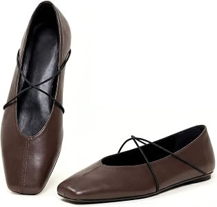Amazon.com | PTUPLYU Womens Ballet Flats Brown Square Toe Flats with Criss Cross Strap Comfortabl... | Amazon (US)