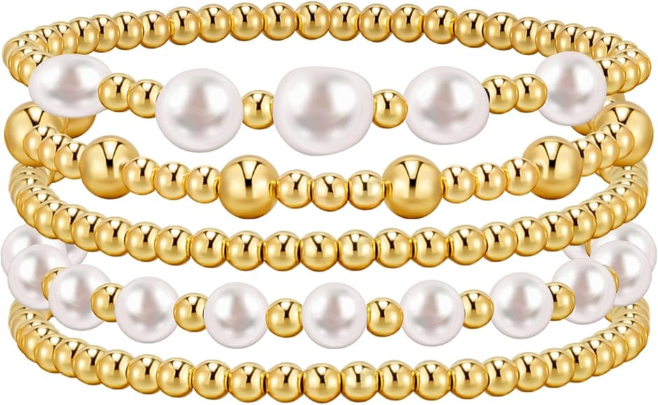 adoyi Gold Beaded Bracelets for Women, 14K Gold Plated Natural Pearl Bracelets Gold Stackable Str... | Amazon (US)